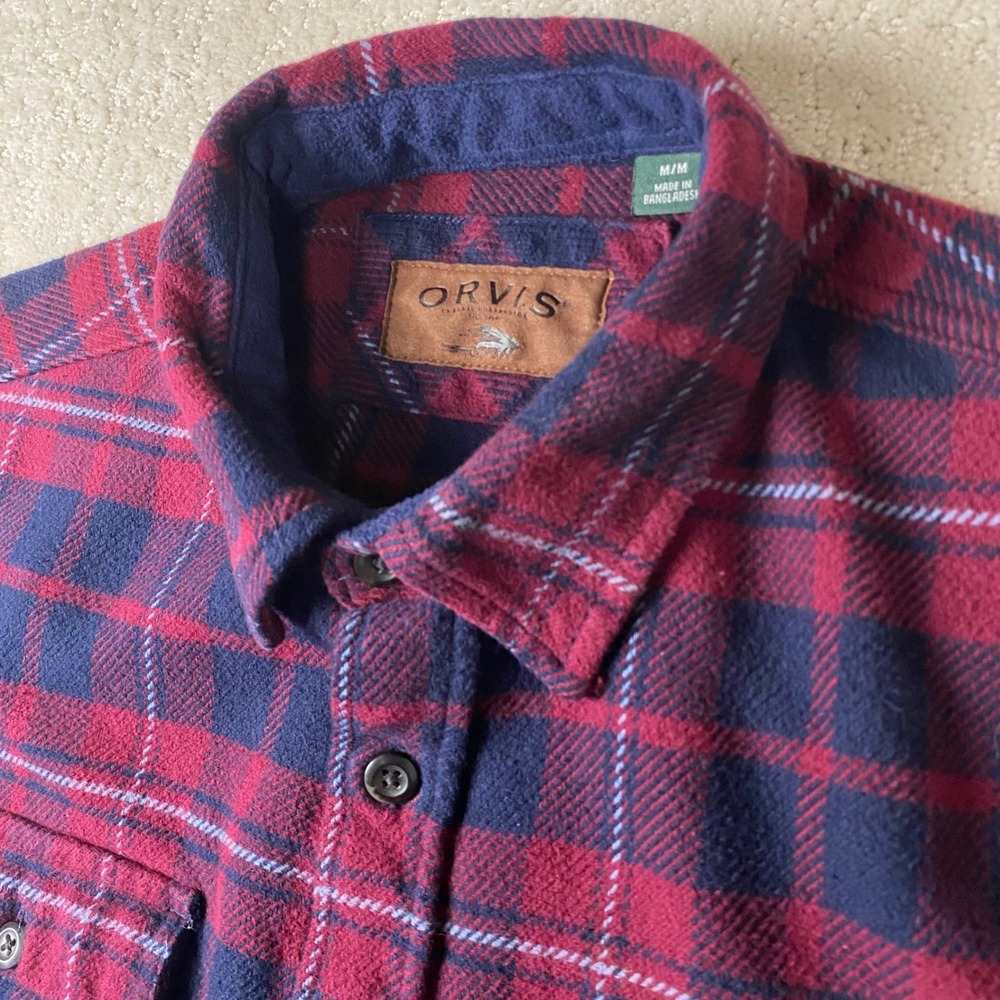 Orvis Heavyweight Flannel Shirt Men M Red Navy Blue Plaid Cotton Shacket Pockets